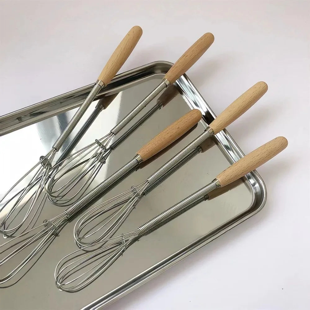 Kitchen Tools Multifunction Stainless Steel Egg Beater Useful Portable Mini Egg Whisk Wooden Handle Manual Egg Beater Baking