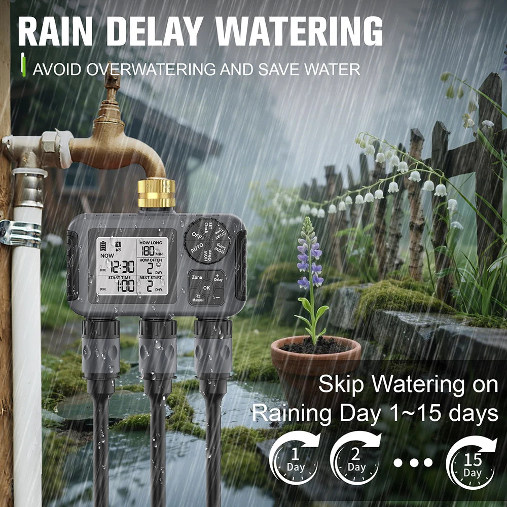 Garden Water Timer Irrigation System 3-Outlet Digital Garden Sprinkler Programmer Rain Delay Automatic Watering for Garden Lawn