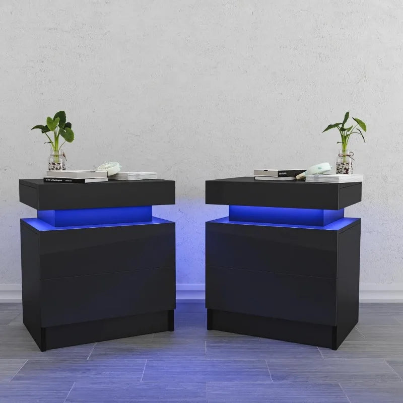 Living Room LED Nightstand Black Night Stand Led Lights Modern Nightstand 2 High Gloss Drawers Bedside Table Smart Bedroom