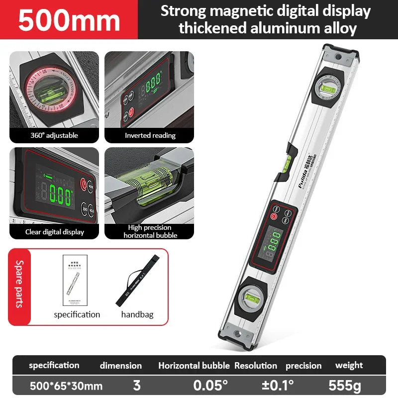 20-50cm Digital Spirit Level and Protractor Magnetic Spirit Level Bubble Level Aluminum Alloy Body Smart Level with Carrying Bag