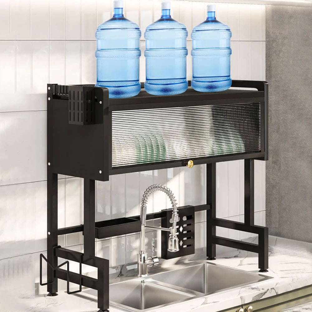 Kitchen Drain Shelf Steel Multi Organizer Cabinet Multi-Functional Kitchen Storage Rack Large Over The Sink Dish Rack with Cover