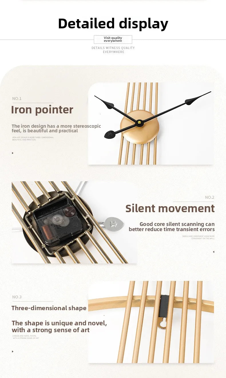 24 Inch 60cm Modern Simple and Atmospheric Living Room Large Wall Clock Nordic Light Luxury Wrought Iron Home Silent Wall Clock