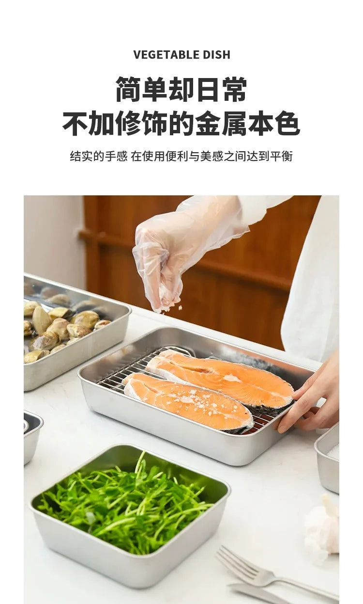 Food Storage Trays Rectangle Preservation Box with Plastic Cover Stainless Steel Multi-Function Rustproof Barbecue Food Storager