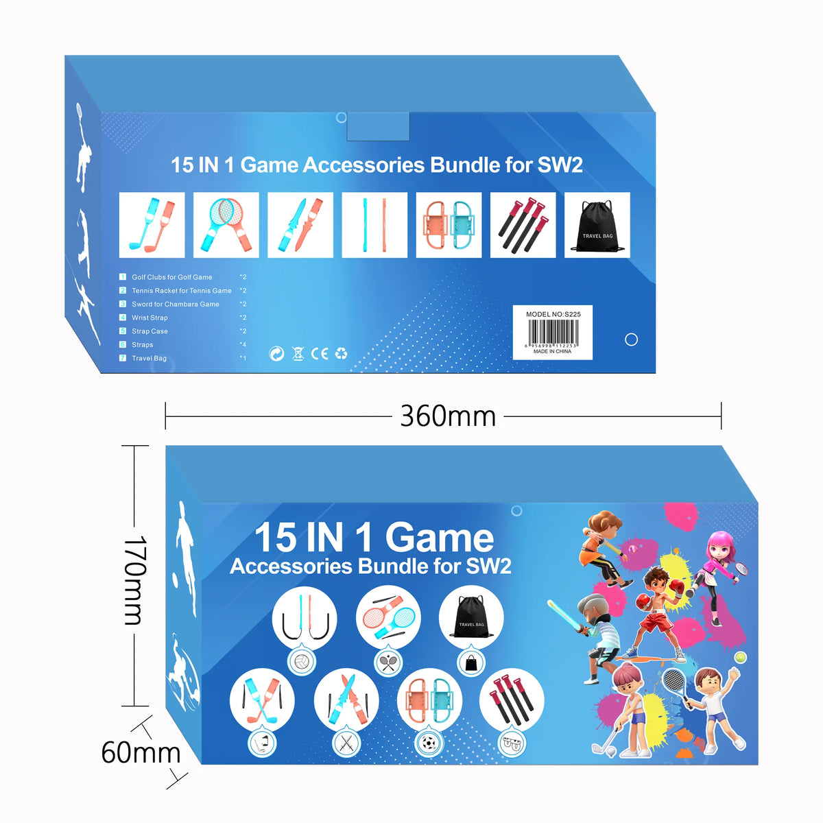 Sports Accessories Set S225 for Switch 2,15 in 1 Family Accessories Kit for Switch 2 Sports Games:Tennis Rackets,Sword Grips,Etc