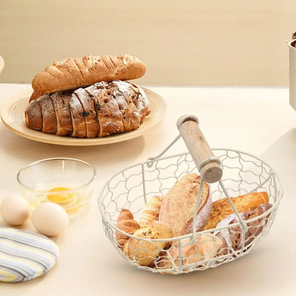 Kitchen Egg Storage Basket Creative Fruit Basket Retro Iron Snack Bread Vegetable Storage Container Holder With Wooden Handle