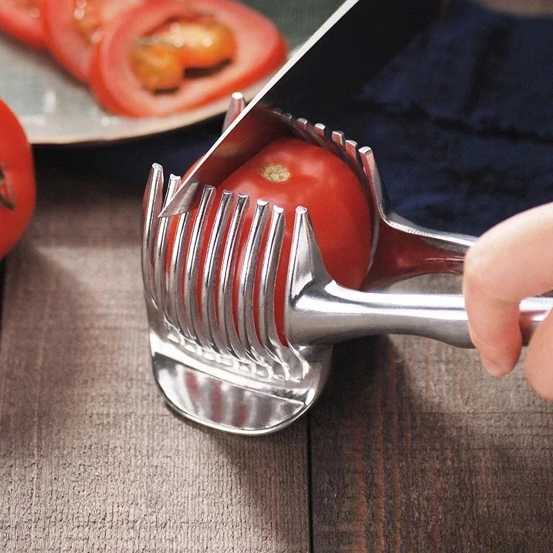 Kitchen Gadgets Handy Stainless Steel Onion Holder Potato Tomato Slicer Vegetable Fruit Cutter Accessories