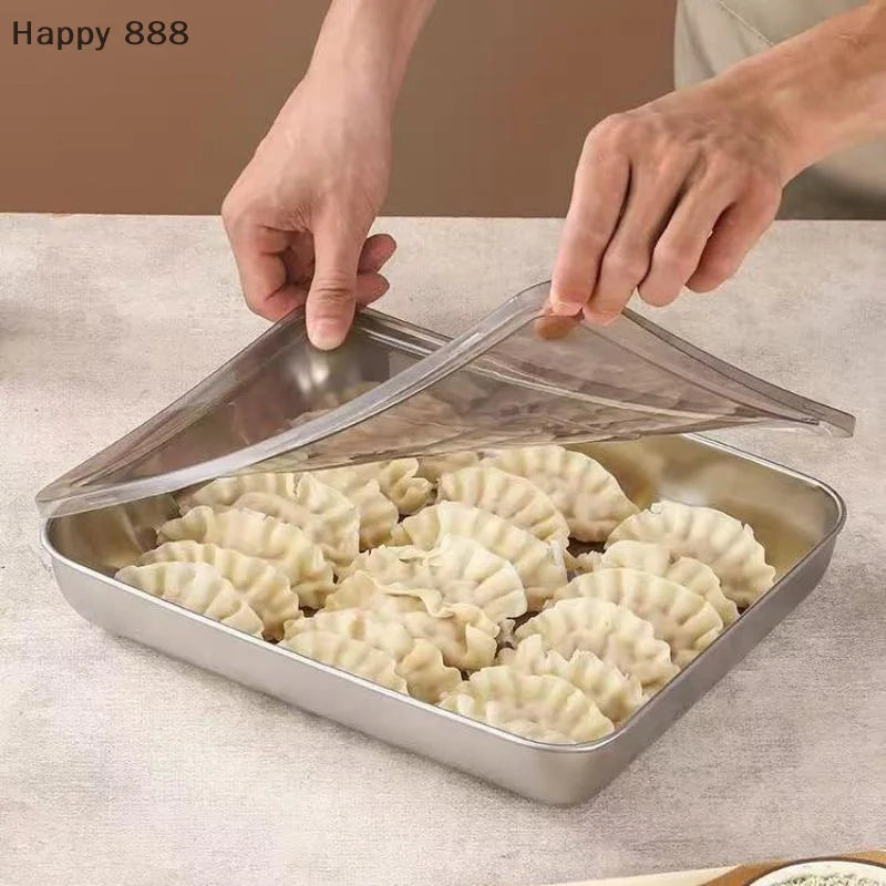 Stainless Steel Kitchen Storage Container With Tray – Refrigerator Organizer For Dumplings, Fruits, Vegetables, Meat, And Cakes