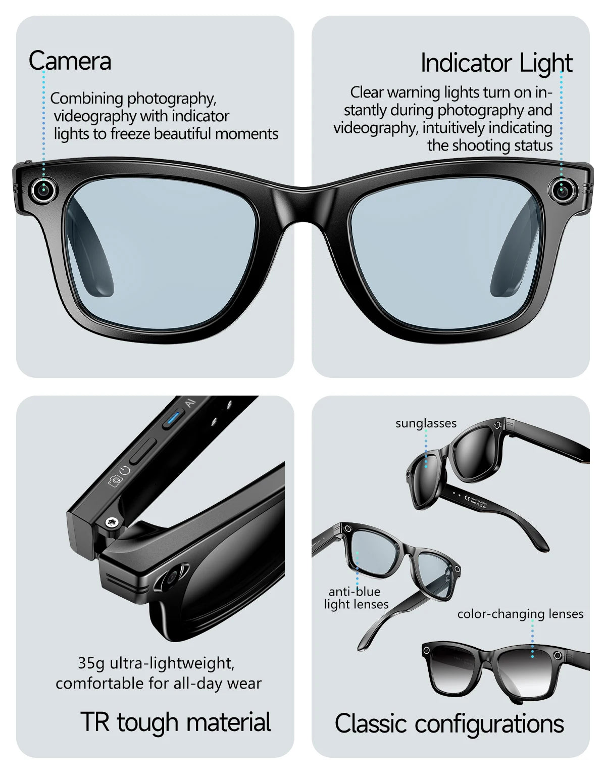 New 8 Million Pixels Camera Smart Glasses Recording Videos AI Photo Recognition Answer Translation Waterproof Blue light Glasses