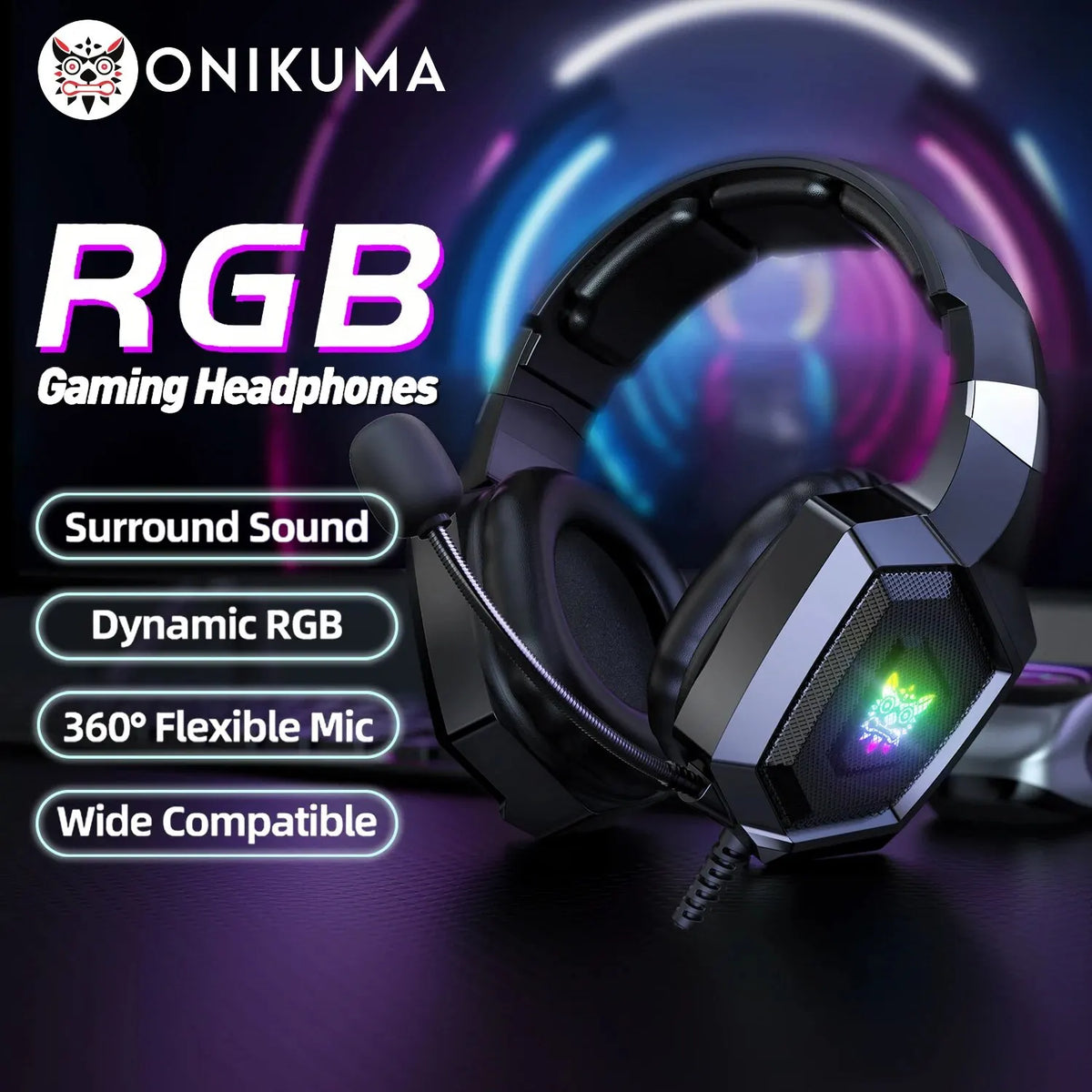 ONIKUMA Gaming Headphones with Flexible HD Mic RGB Light Surround Sound Over-Ear Wired Headset Gamer for PC