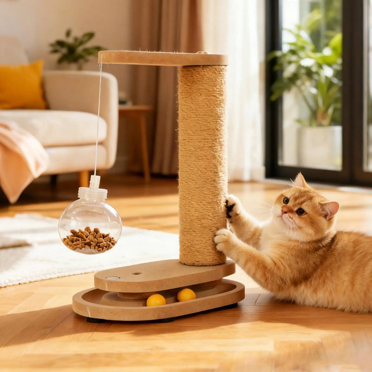 Cat Scratching Post with Treat Dispenser Sisal Rope Scratcher Toy Furniture Protector for Indoor Cats Kittens Climbing Activity