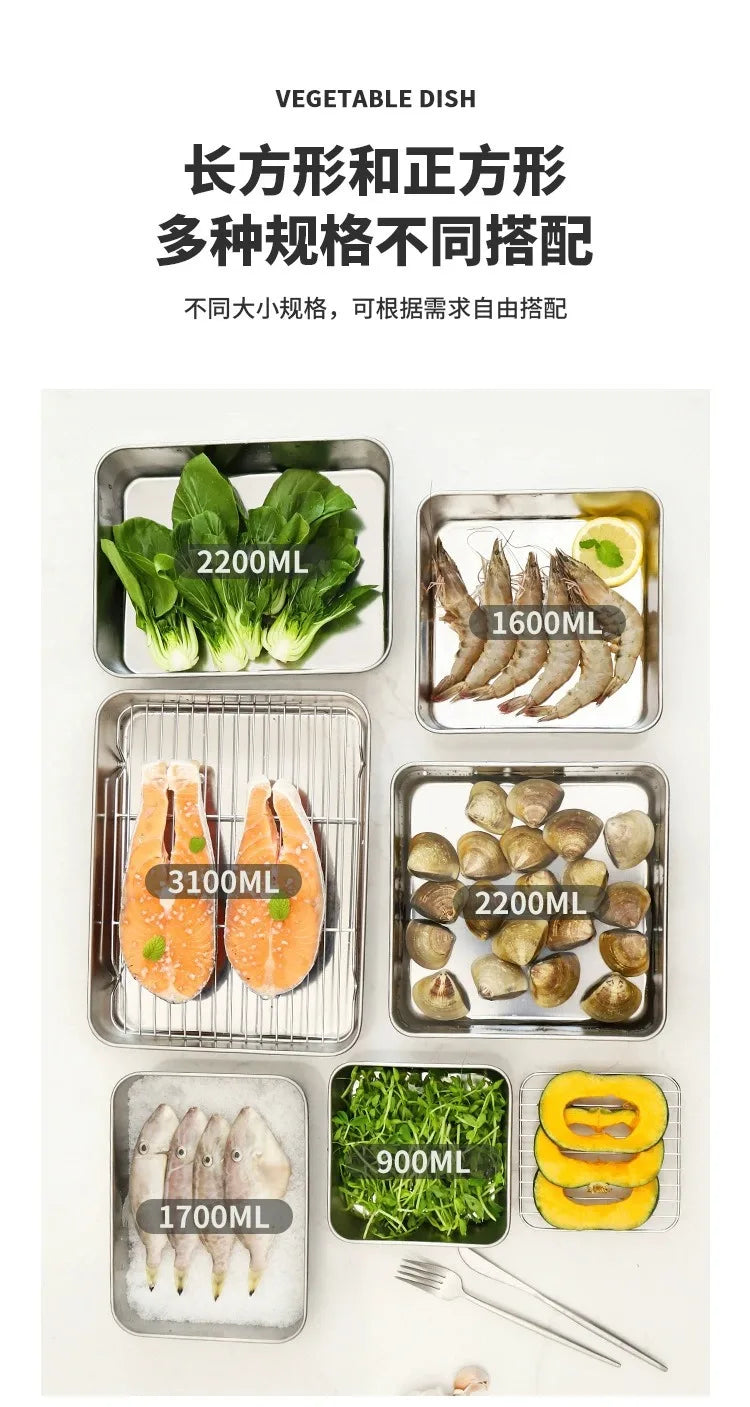 Food Storage Trays Rectangle Preservation Box with Plastic Cover Stainless Steel Multi-Function Rustproof Barbecue Food Storager