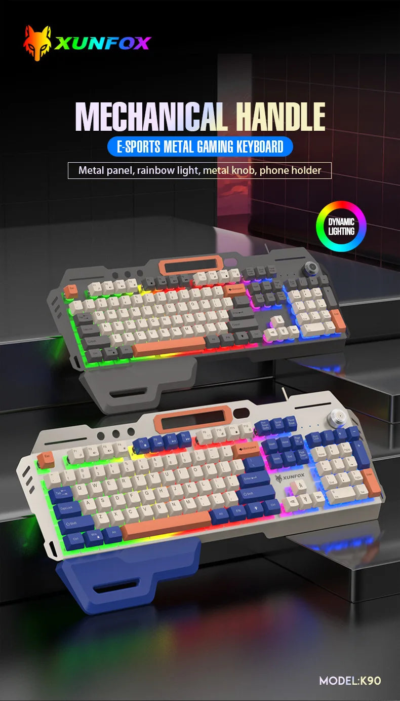 Gaming Keyboard Spanish Russian Arabic Keyboard 100% Layout RGB Backlight Gamer Keyboard Volume Knob Wired K90 104 Keys Hand Sup