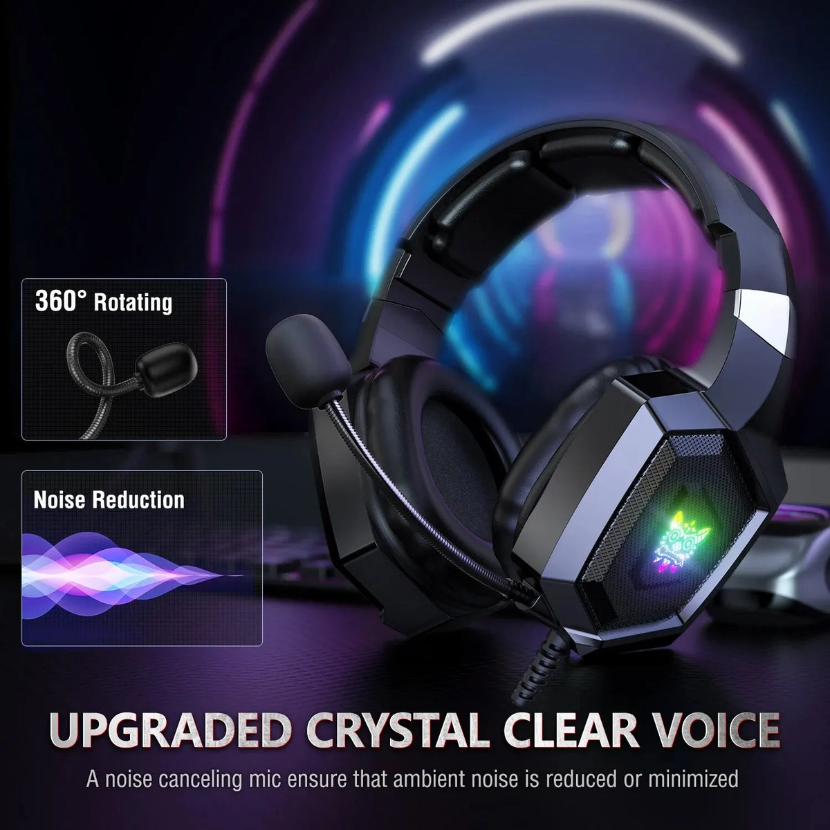 ONIKUMA Gaming Headphones with Flexible HD Mic RGB Light Surround Sound Over-Ear Wired Headset Gamer for PC