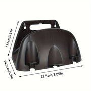 A wall mounted garden hose rack made of heavy-duty plastic for storing outdoor garden watering and irrigation tools