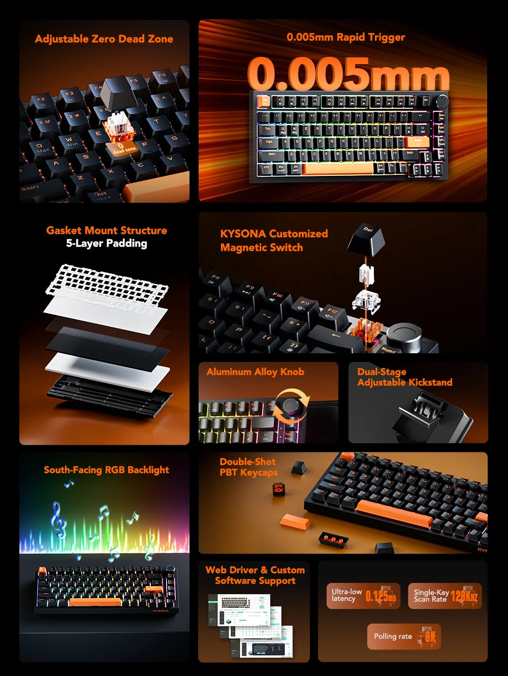 KYSONA KM82 HE Wired Gaming Keyboard Magnetic Switch 75% 82 Key 8000Hz Polling Rate PBT Ultra-Precision 0.005mm RGB For Gamer
