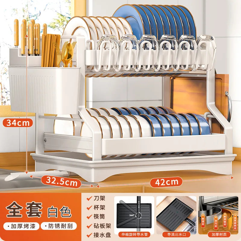Kitchen Organizer 2 Tier Dish Drying Rack Utensils Storage Rack Bowls Knife Fork Pot Holder Countertop Dinnerware Drainboard