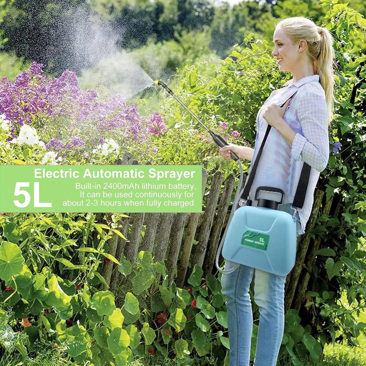 Electric Sprayer, 5L Electric Garden Sprayer, 2400mAh Sprayer 3 Nozzles Mist Sprayer, USB Rechargeable Handle, Retractable Wand
