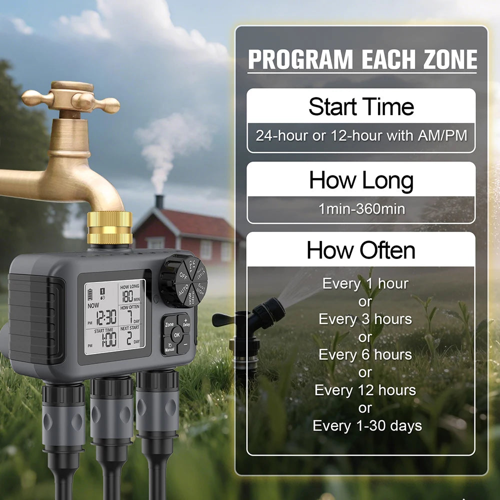 Garden Water Timer Irrigation System 3-Outlet Digital Garden Sprinkler Programmer Rain Delay Automatic Watering for Garden Lawn