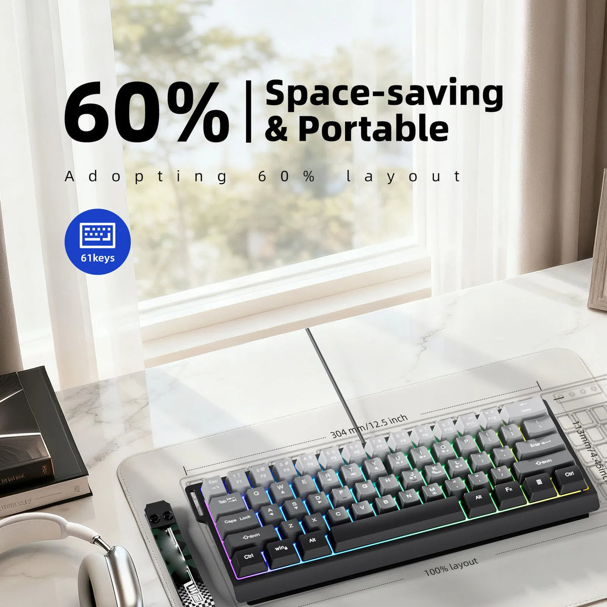 61 Keys Wired Gaming Keyboard 60 Percent RGB Backlit Compact Gaming Keyboard with Lanyard for Laptop PC 61 Keys Gaming Keyboard