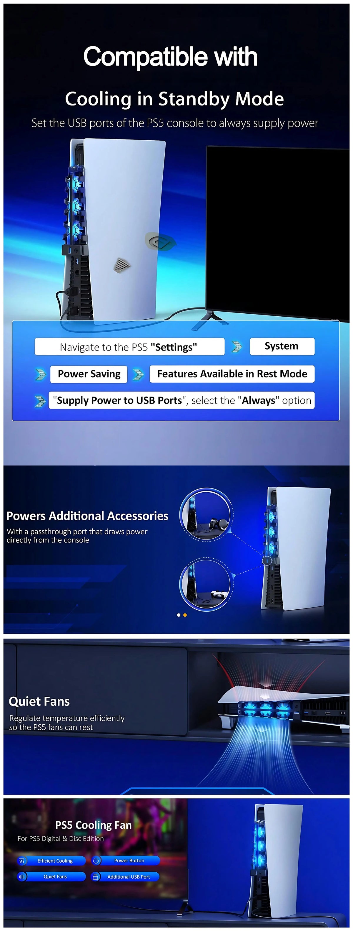 For PS5 Accessories Cooling Fan with LED Light for PS5 Both Disc and Digital Editions Gaming Accessorie Cooling System