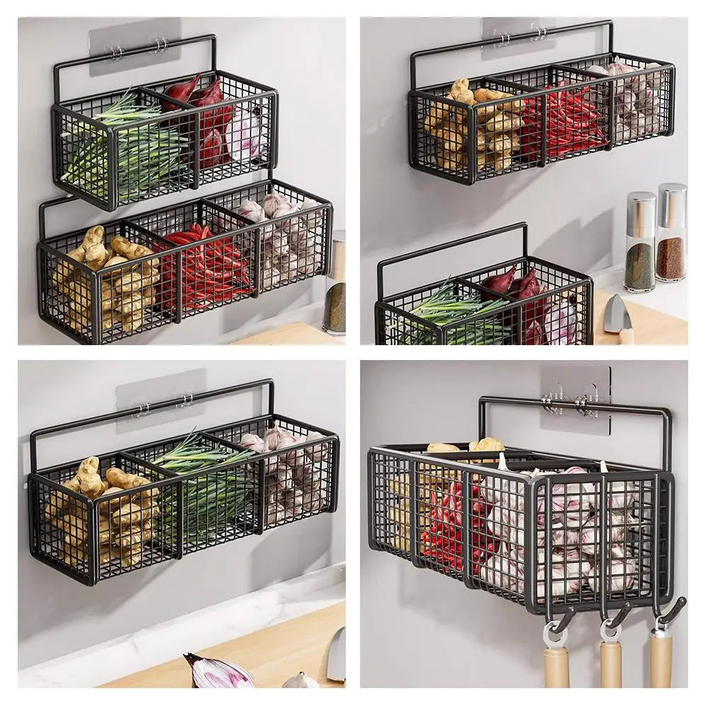 Kitchen Wall Mounted Storage Rack Onion Ginger Garlic Condiments Spice Shelf Punch-Free Vegetable Fruit Drain Basket
