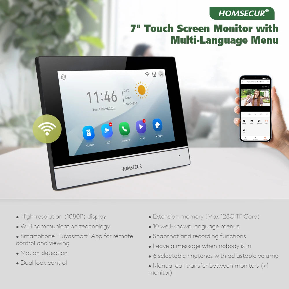 HOMSECUR 4 Wire Tuya Smart APP HD Video House Door Phone Kit with 7" Touch Screen Monitor IP65 Doorbell Camera Record Snapshot