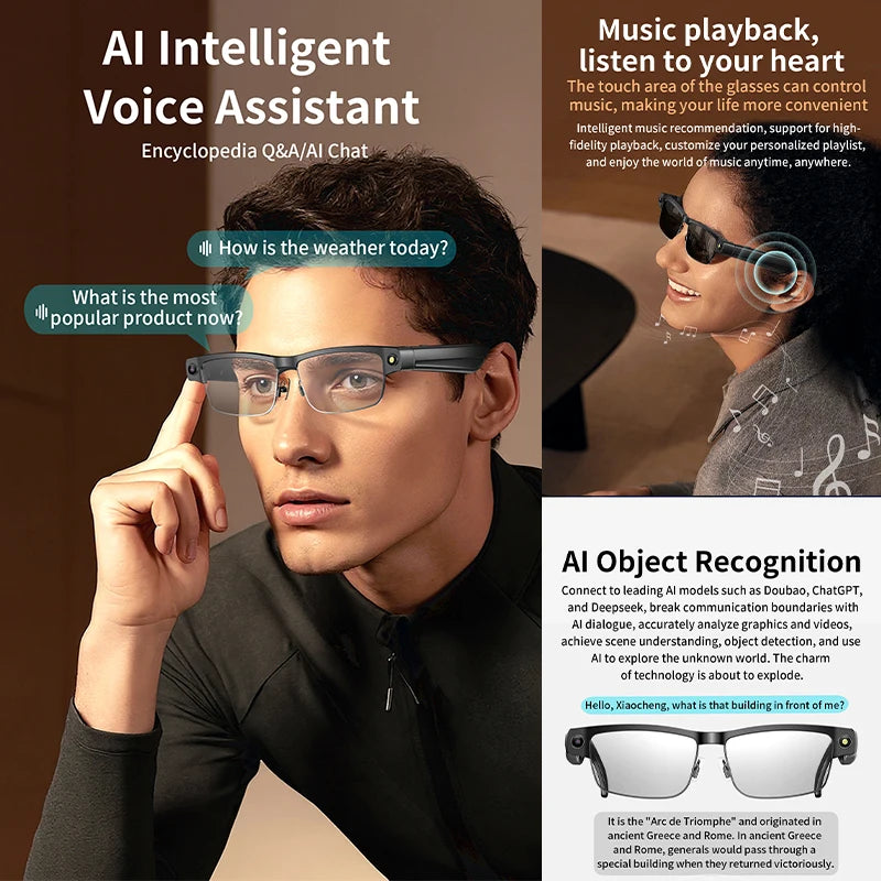 New 800W HD Camera Smart Glasses WFl Transmission Bluetooth Call AI Intelligent Voice Assistant Object Recognition Sun Glasses