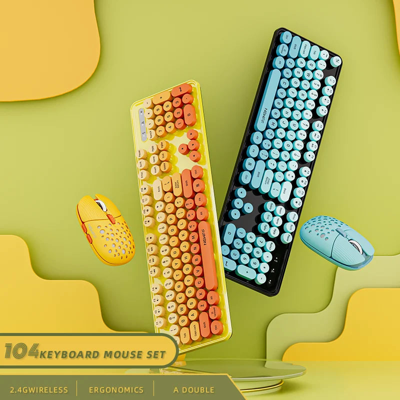 Cute 104Keys Retro Round Keycap 2.G Wireless Gaming Keyboard Mouse Combo Ergonomic Keyboard With Multimedia function keys