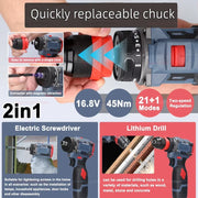 2 in 1 Lithium Brushless Cordless Drill and Electric Screwdriver Multi-Function Power Tool for Home Renovation Furniture Assembl