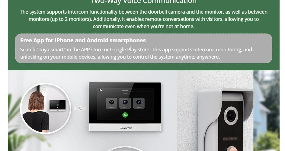 HOMSECUR 4 Wire Tuya Smart APP HD Video House Door Phone Kit with 7" Touch Screen Monitor IP65 Doorbell Camera Record Snapshot