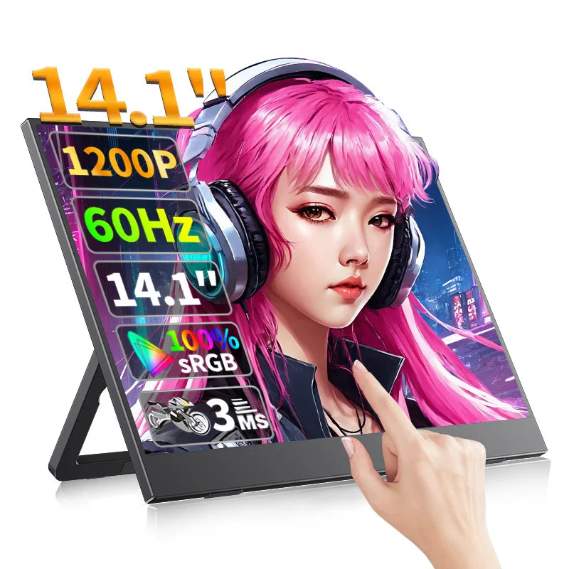 14.1 Inch Touch Screen Portable Monitor 100%sRGB 400cd/m2 Gaming Computer Expand Display For XBox PS4/ 5 Switch Loptop