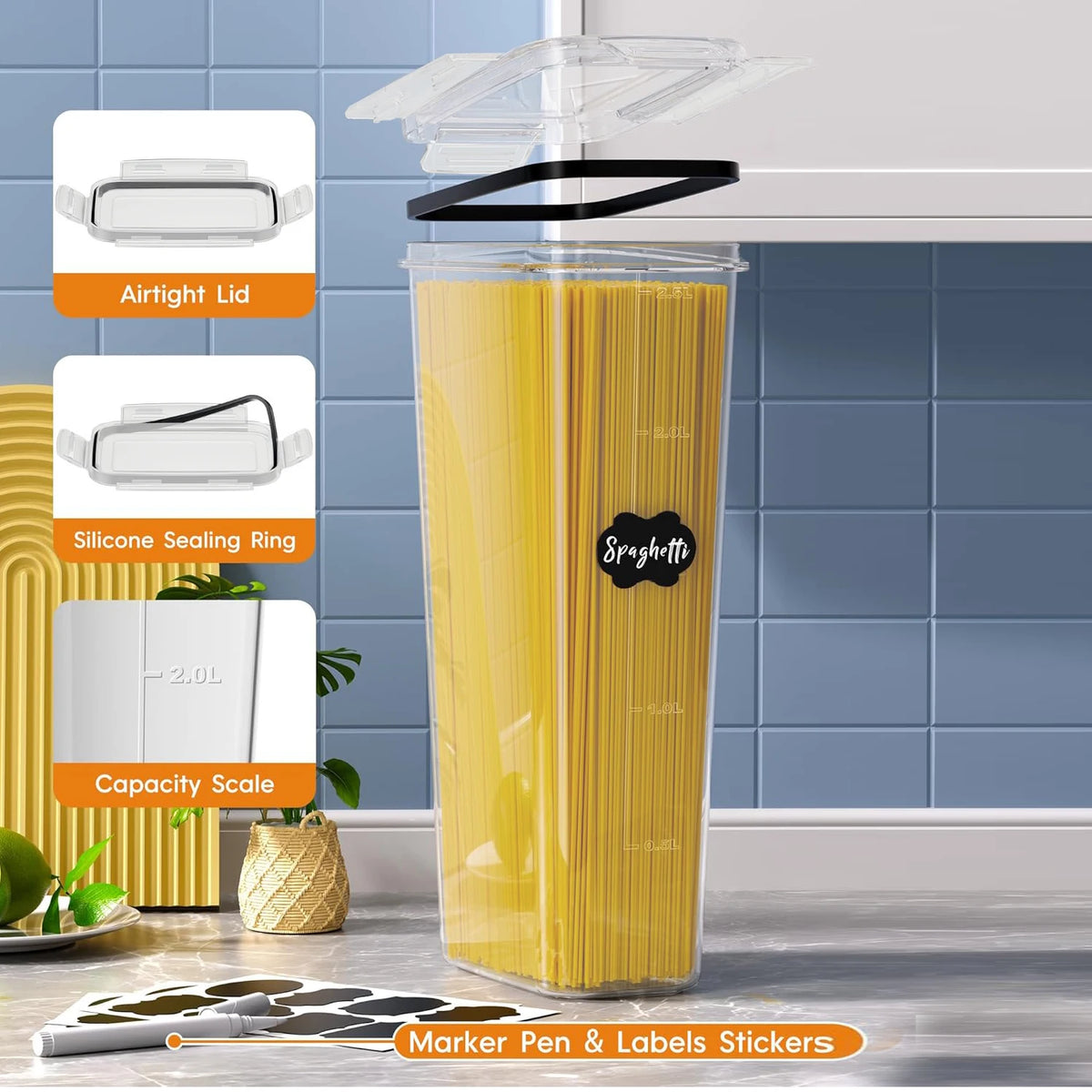 3/6Sets Airtight Food Storage Containers - 2.4L, Large for Pantry & Kitchen Organization,For Cereal, Pasta, Flour, Sugar,Herbs,
