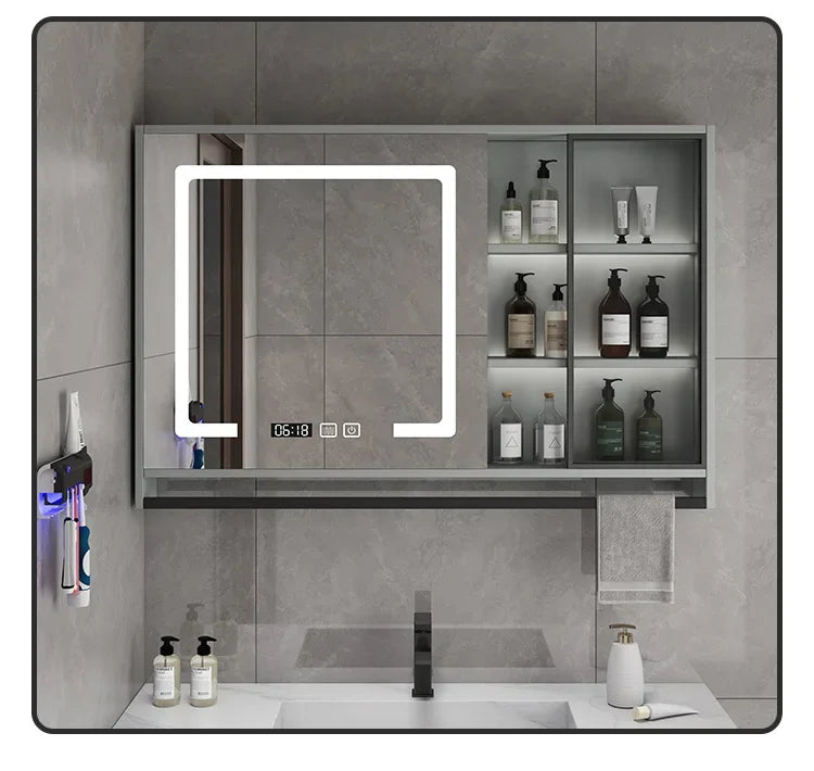 Smart Bathroom Storage Mirror Cabinets with Towel Rod Wall Standing Closet Light Mirror Cabinets Organizador Bathroom Furniture