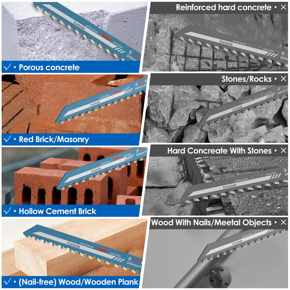 Demolition Masonry Reciprocating Saw Blade Hard Alloy Blade for Cutting Brick, Wood, Metal, PVC Tube, Porous Concrete, Hand Tool