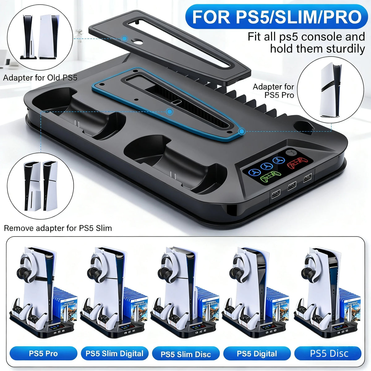 for PlayStation 5 Console Cooling Station With Dual Controller Charging Station for PS5/PS4/Slim/Pro Charger Built-in