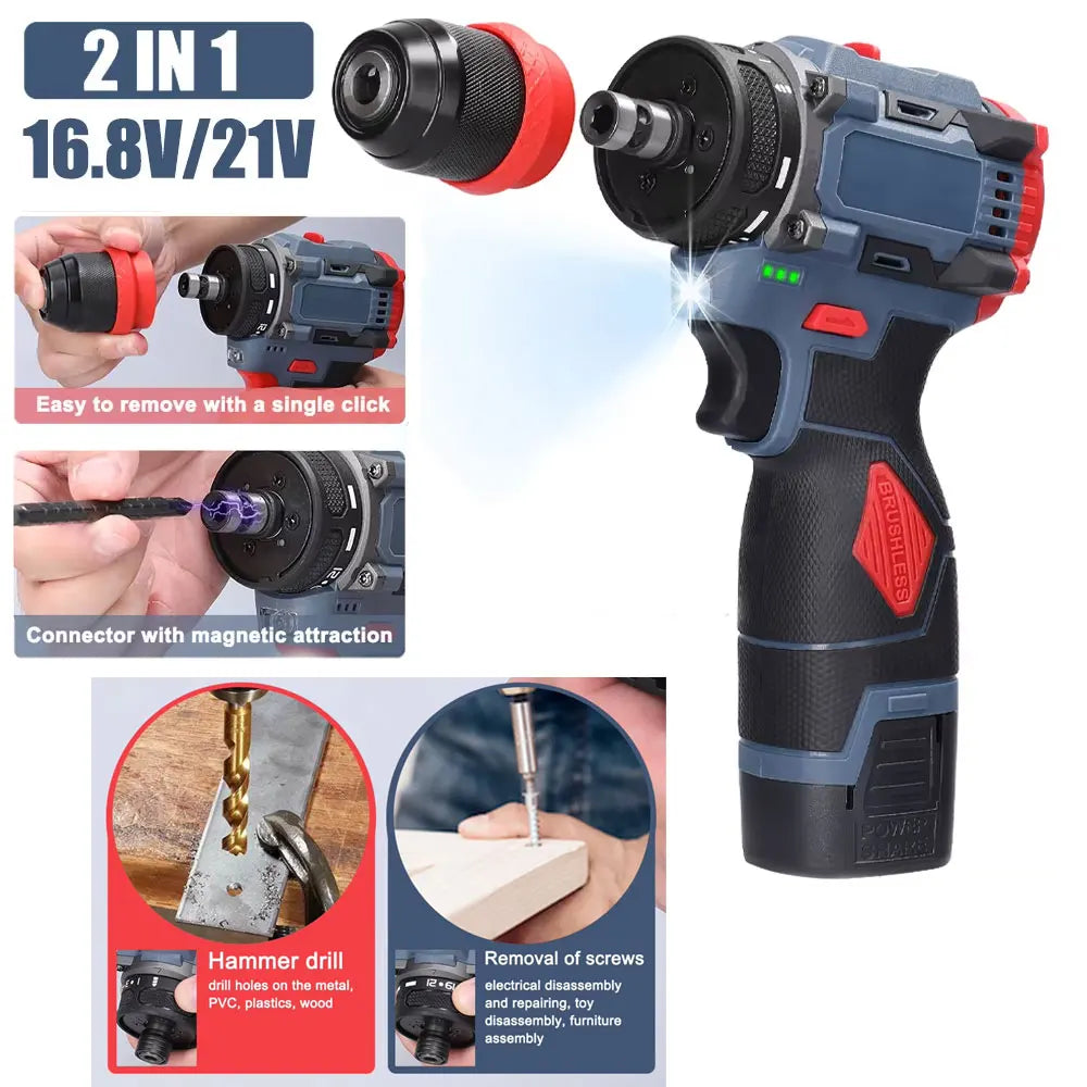 2 in 1 Lithium Brushless Cordless Drill and Electric Screwdriver Multi-Function Power Tool for Home Renovation Furniture Assembl