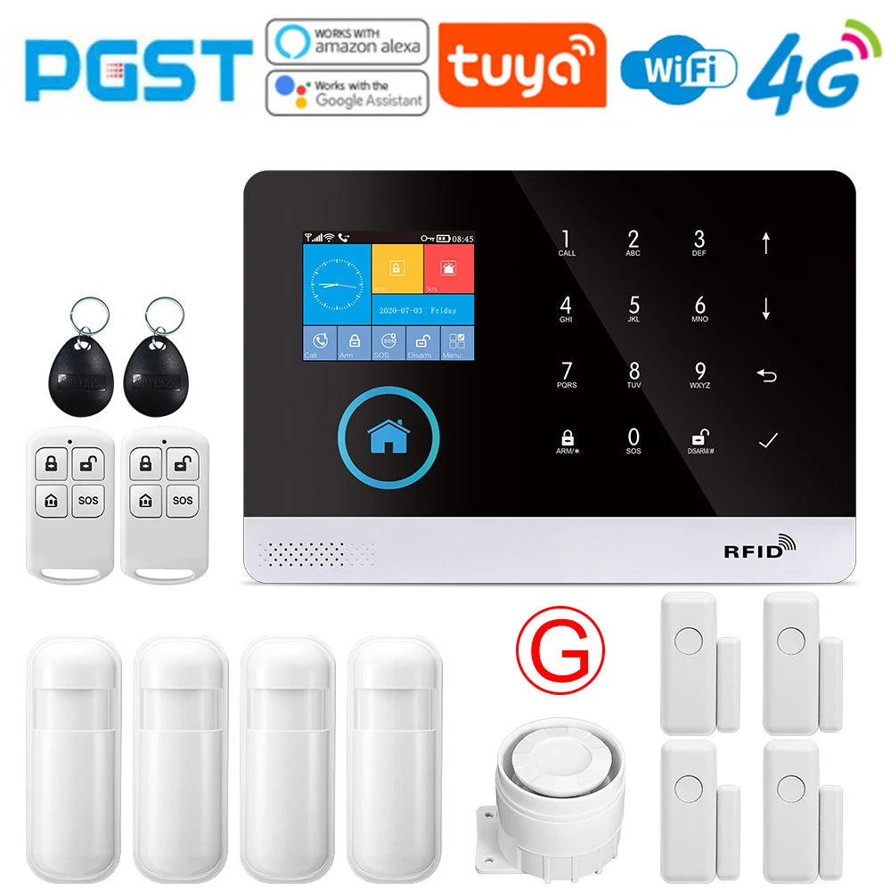 4G wireless security alarm, WIFI smart home alarm system kit, home security protection, compatible with SmartLife PGST-103