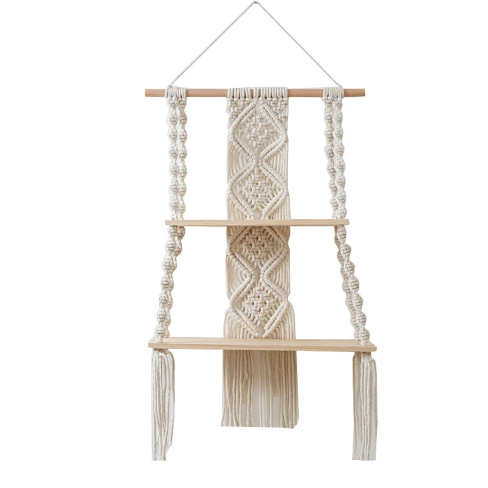 Bohemian Bedroom Decoration Wall Decoration Bohemian Bookshelf Decoration,Woven Rope Floating Wooden Shelves and Plants Storage