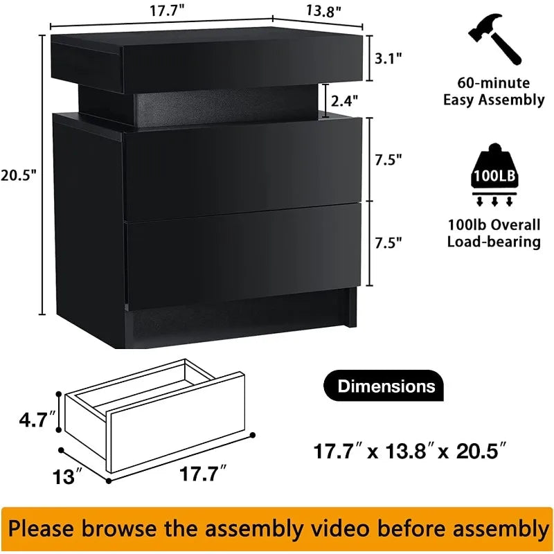 Living Room LED Nightstand Black Night Stand Led Lights Modern Nightstand 2 High Gloss Drawers Bedside Table Smart Bedroom