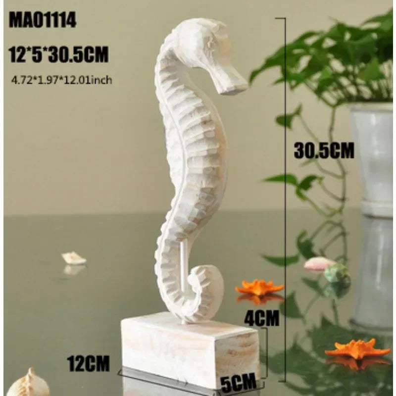 Mediterranean Style Home Decoration Accessories Wooden Crafts Starfish Conch Hippocampus Wood Carving Marine Living Room Decor