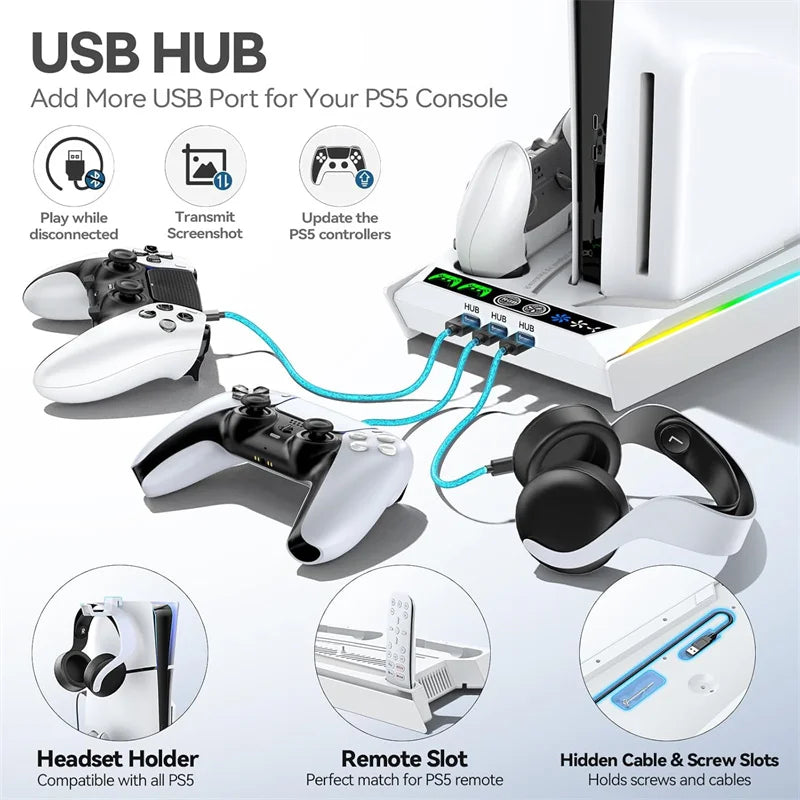PS5/ PS5 Slim/ PS5 Pro Stand For Disc & Digital Console PS5 Cooling & Charging Station With 3-Level Fan PS5 Controller Charger