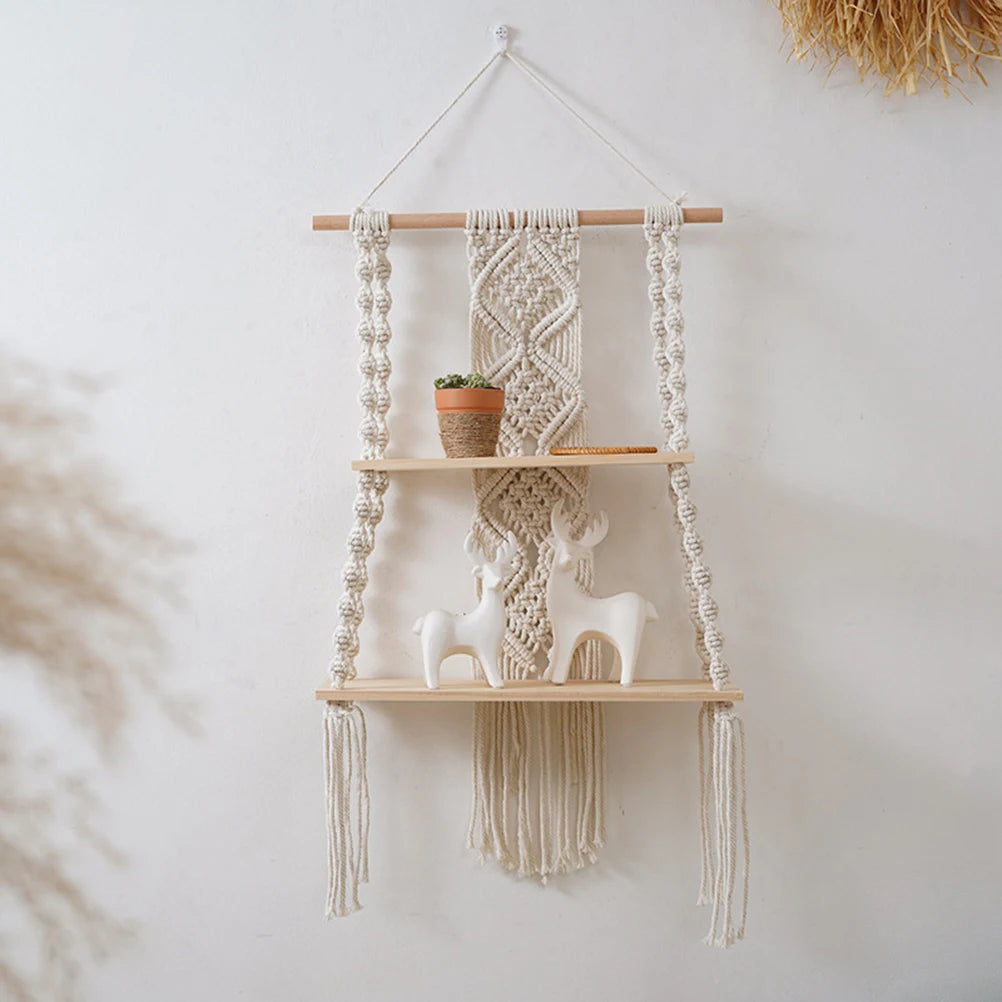 Bohemian Bedroom Decoration Wall Decoration Bohemian Bookshelf Decoration,Woven Rope Floating Wooden Shelves and Plants Storage