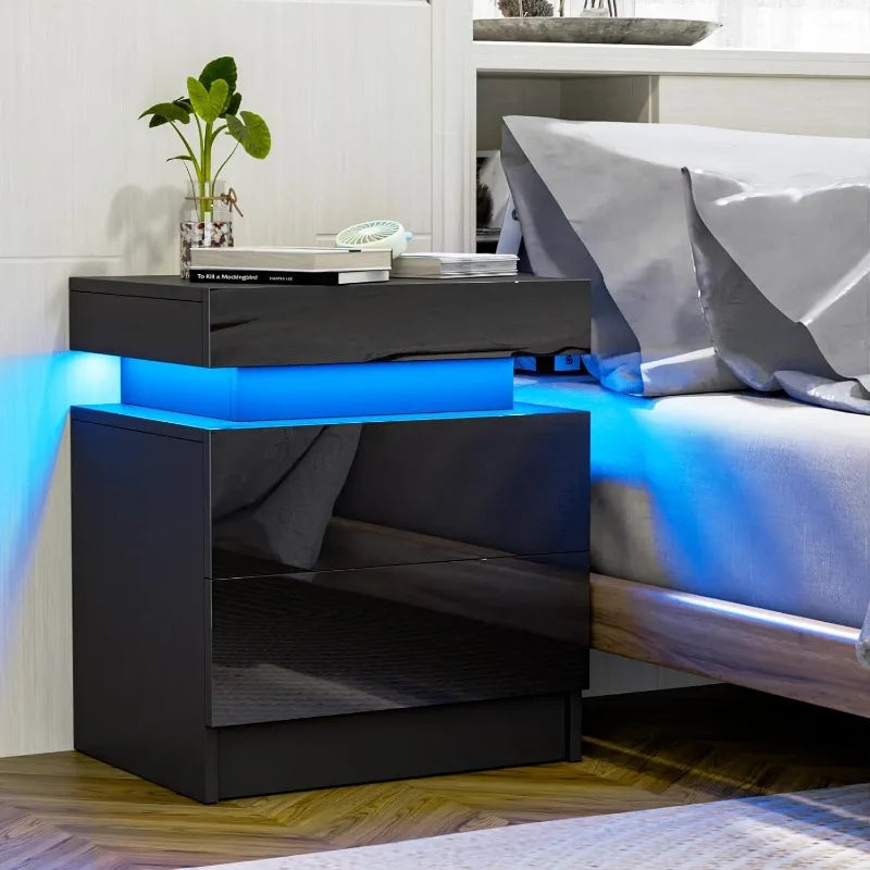 Living Room LED Nightstand Black Night Stand Led Lights Modern Nightstand 2 High Gloss Drawers Bedside Table Smart Bedroom