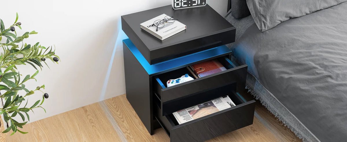 Living Room LED Nightstand Black Night Stand Led Lights Modern Nightstand 2 High Gloss Drawers Bedside Table Smart Bedroom