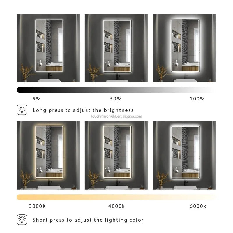 Smart Bathroom Mirror, Toilet, Washroom, Wall Mounted, LED Light Mirror, Anti Fog, Defogging, Bathroom Mirror, with Time Display