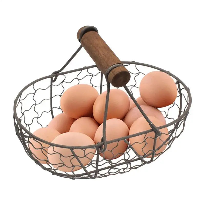 Kitchen Egg Storage Basket Creative Fruit Basket Retro Iron Snack Bread Vegetable Storage Container Holder With Wooden Handle