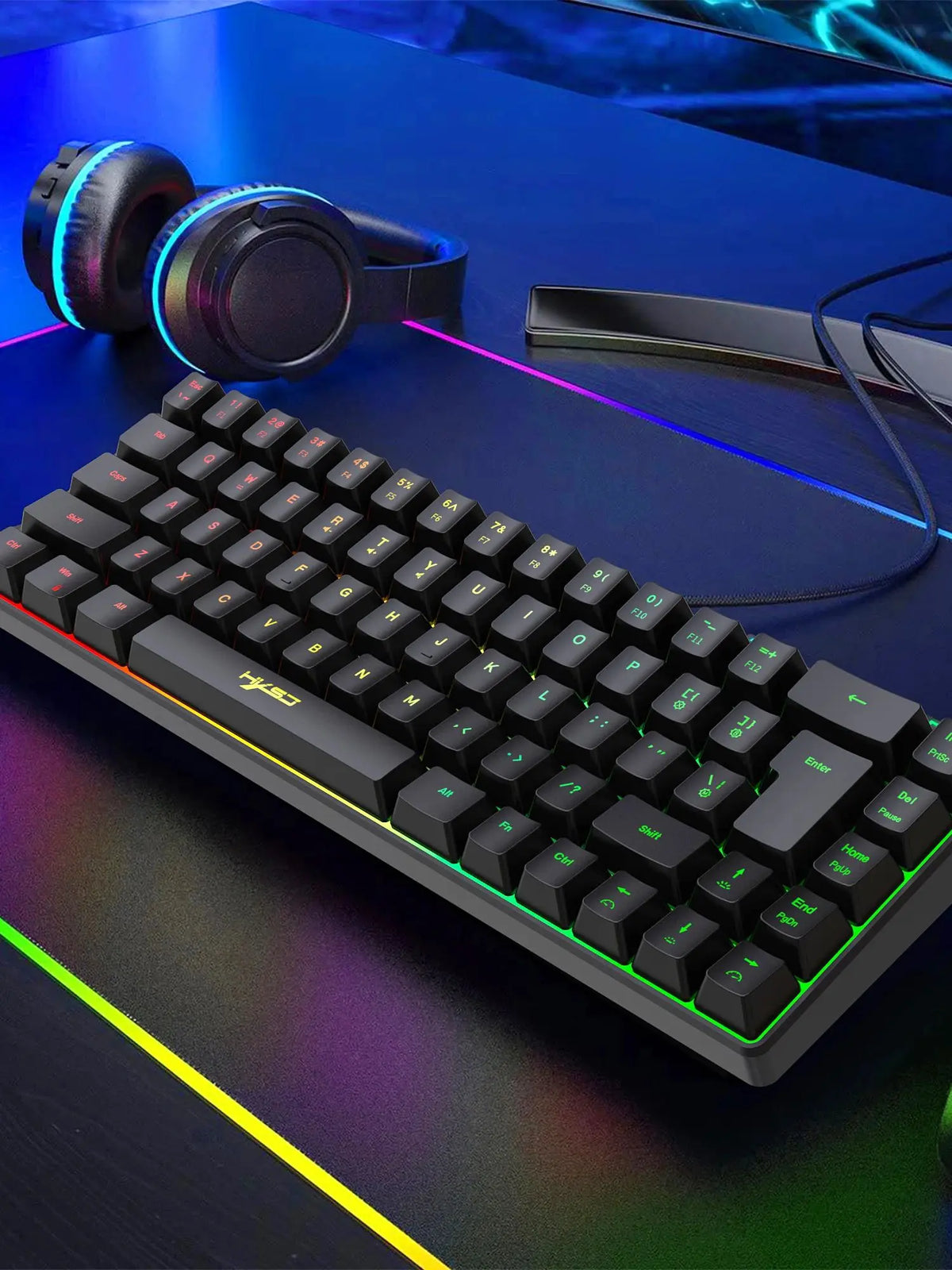 68-key gaming keyboard and mouse kit RGB backlit portable game wired membrane keyboards wireless mice mause for Home office