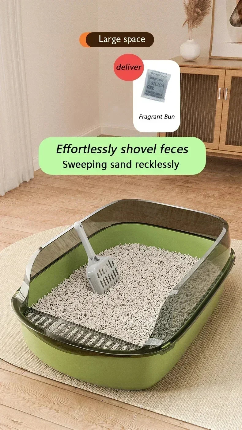 Cat Litter Box High Side Thicken Semi Enclosed Splashproof with Removable Scoop Large Capacity Easy Clean Cat Toilet Supplies