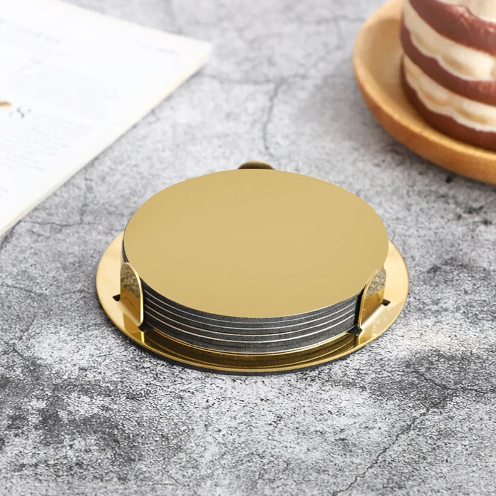 Kitchen Gadgets Round Gold Stainless Steel Coaster Set Mirror-like With Holder Drink Pad Scald-proof Insulated Cup Mat Tabletop