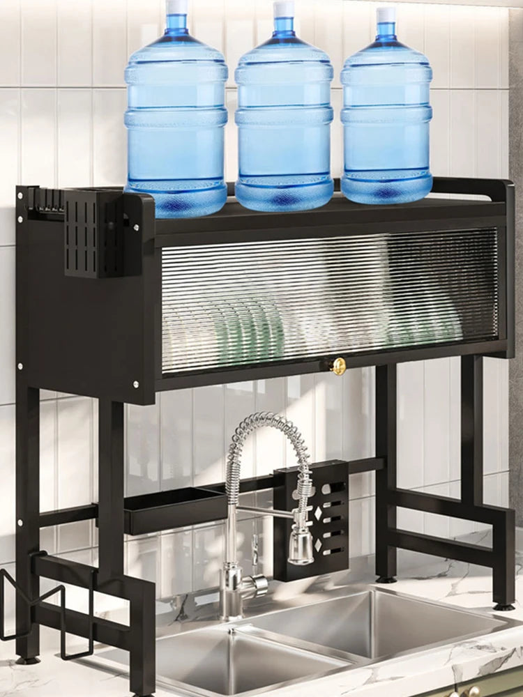 Kitchen Drain Shelf Steel Multi Organizer Cabinet Multi-Functional Kitchen Storage Rack Large Over The Sink Dish Rack with Cover
